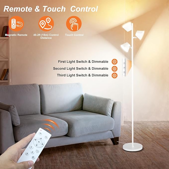 Pesken White 42W Tree Floor Lamp, Super Bright LED Standing Lamp with Remote, Modern Dimmable Floor Lamps,Individual Control, Rotable Head LED Lamp for Living Room Bedroom Office