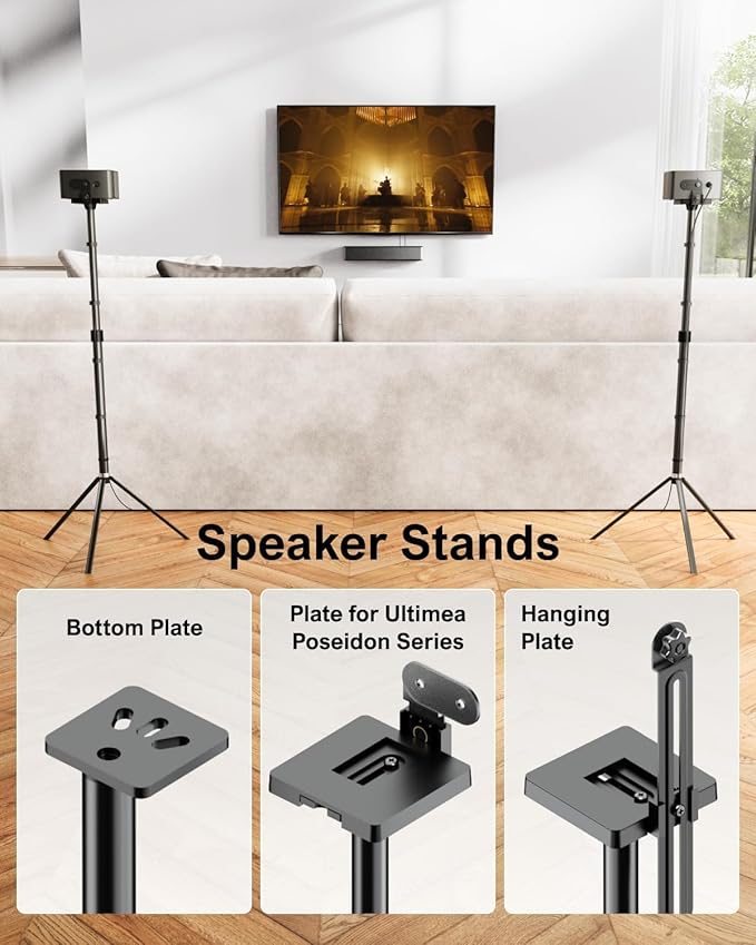ULTIMEA 2-Pack Universal Height-Adjustable Speaker Stands, Black Floor Speaker Stand with 3KG Capacity, Extendable from 62cm to 93cm for Satellite Speakers, Steady 310