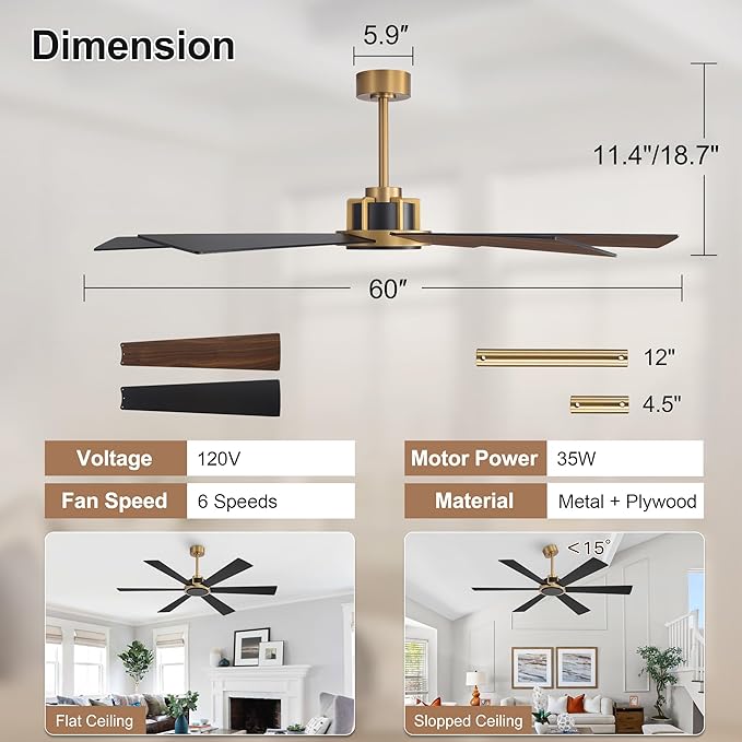 WINGBO 60 Inch Ceiling Fan without Light - 6 Plywood Blades, 6-Speed Reversible DC Motor, Noiseless Remote Control Ceiling Fan No Light for Bedroom Living Room Kitchen, Gold and Walnut/Black