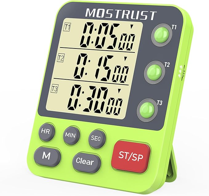 MOSTRUST Digital Dual Kitchen Timer, 3 Channels Countdown Triple Timer for Cooking, Magnetic Memory-Preset Large-Display Adjustable Alarm Volume, Multi Times Management, 3A Battery Included, Green
