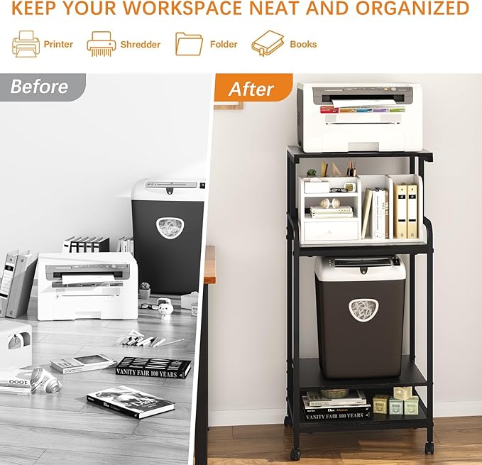 Arbuxzuy 4 Tier Stand with Storage Shelf, Tall Mobile Printer Table for Home Office, Adjustable Stands for Heat Press Scanner Fax (Black)