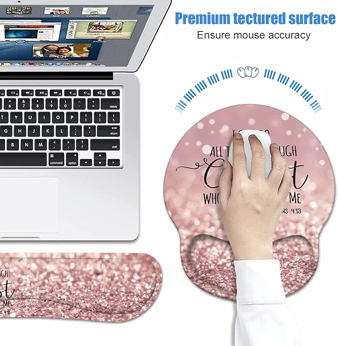 Keyboard Wrist Rest + Mouse Pad Wrist Support Set with Coasters, Non-Slip PU Base Ergonomic Mousepad for Home Office Working Studying Easy Typing & Pain Relief, Bible Verse Philippians 4-13