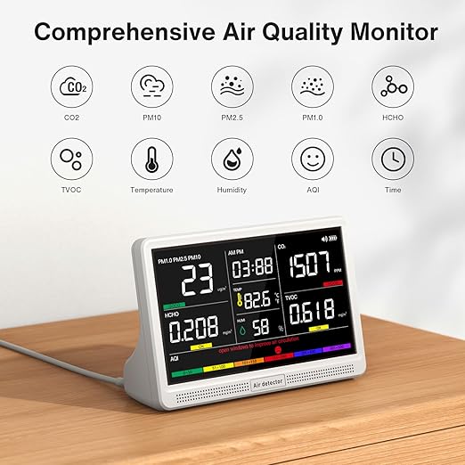 Upgrade Extended 12-Hour Battery Life 16 in 1 Air Quality Monitor Indoor with 7" Display, Professional Air Quality Meter for CO2, TVOC, PM2.5, PM1.0, PM10, HCHO, Temperature, Humidity, AQI & Time