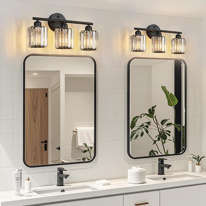 FDPBY Modern 3 Light Crystal Vanity Light, Black Vertical Bathroom Light Fixture Over Mirror for Dressing Table Sink, Compatible with Dimmable Bulbs (Bulbs Not Included)