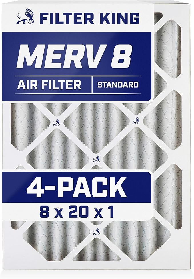 Filter King 8x20x1 Air Filter | 4-PACK | MERV 8 HVAC Pleated A/C Furnace Filters | MADE IN USA | Actual Size: 8 x 20 x .75"