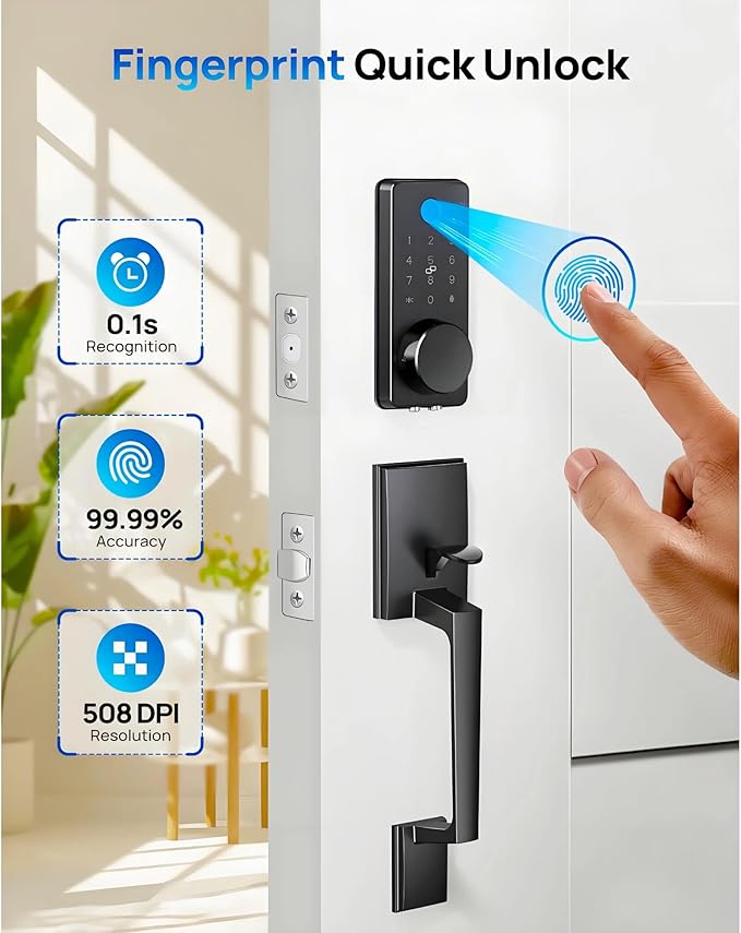 WiFi Smart Keyless Entry Door Lock Set w/Front Door Handle, 0.1s Fingerprint Biometric Unlock, APP/Passcodes/Cards Control, Auto Lock Keypad Deadbolt, Easy Install for Entry Bedroom