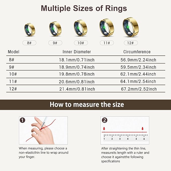 Smart Ring for Women Men, Fashion Minimalist Fitness Ring & Sleep Tracker Ring with Heart Rate, Blood Pressure, Waterproof Health Rings, Valentine's Day Gifts for Women, No Subscription (Size 8, Gold)