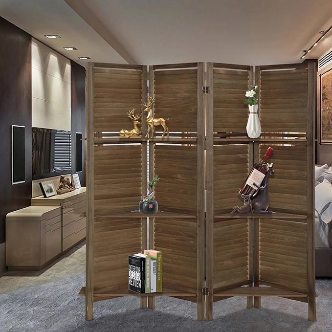 4 Panel Room Divider with Shelves, Room Dividers and Folding Privacy Screens, Folding Room Dividers 4 Panel, Wood Room Divider with 3 Display Shelves for Home Office (Brown)