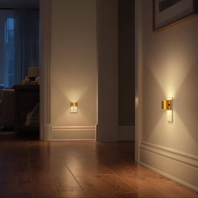 DORESshop LED Night Light[2 Pack], Golden Night Lights Plug into Wall, 3 Level Brightness Adjustable Plug in Night Light, Dusk to Dawn Sensor, Nightlights for Adults, Bedroom, Bathroom, Hallway, 3000K
