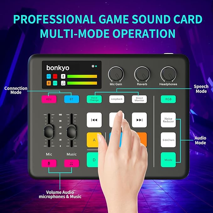 Bonkyo Gaming Audio Mixer & USB Interface with XLR Microphone, Bluetooth 5.0, RGB Effects, 48V Phantom Power, Voice Changer, G1 Sound Card for PS5, TikTok Live Streaming, Podcasting (Black)