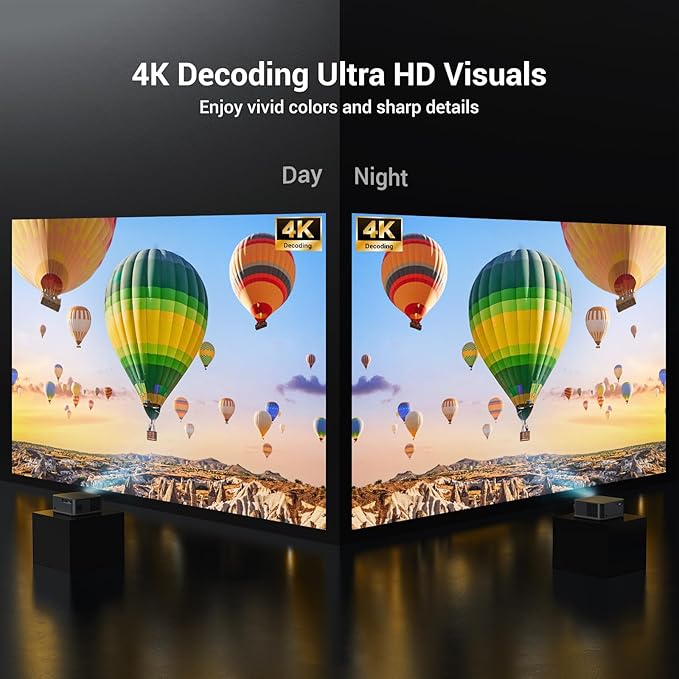 2000 ANSI 4K Decoding Projector with WiFi and Bluetooth, HAPPRUN Movie Home Theater with Auto Focus, 300'' Display for Indoor/Outdoor, Smart Proyector Compatible with Phone/TV Stick/PC/PS5