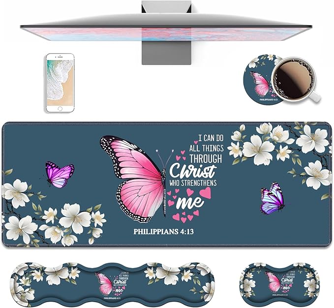 Ergonomic Keyboard Wrist Rest & Mouse Pad Wrist Rest Set, Large XXL Gaming Desk Mat 31.5"x 11.8" with Non-Slip Base for Home Office Study Gaming, Floral Butterfly Quote Bible Verse Philippians 4:13