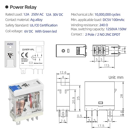 6V DC Electromagnetic Power Relay Miniature Coil 8A 8 Pins 2PDT 2NO 2NC with Indicator Light and Socket Base (5 Pin- 12A, DC 6V)