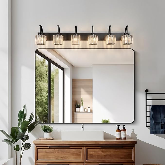 FDPBY Crystal Vanity Lights 6-Light Black Bathroom Vanity Lights Modern Crystal Bathroom Light Fixtures Over Mirror 51.18" Long Vanity Light for Bathroom