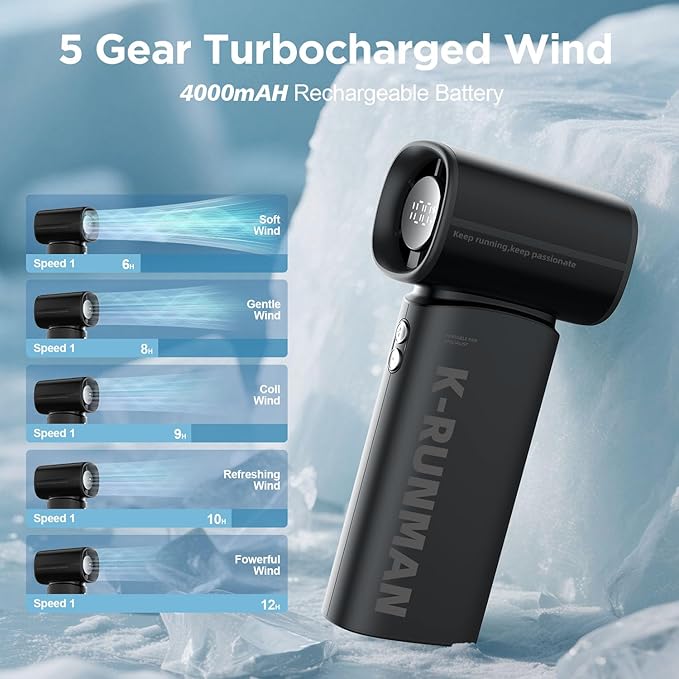 K-RUNMAN Portable Handheld Turbo Fan, 5 Gear Wind, Battery Operated, Up to 12 Working Hours, LED Display with Air Turbo Tech Cooling Fan for Outdoor Activities, Travel, Beach (Black)