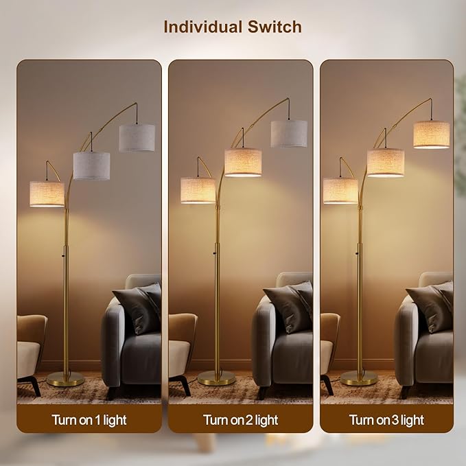 Fansdrick Gold Floor Lamps for Living Room, Super Bright Arc Floor Lamp with Remote Control, 3 Light Tall Floor Lamps with Stepless Dimmable, 80" Mid Century Tree Floor Lamp for Bedroom, Office
