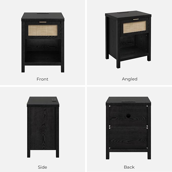 SICOTAS Black Nightstands Set of 2 with Charging Station - Boho Rattan Night Stand with Drawer, Modern Bedside Table with USB and Type-C Ports, Bed Side Tables for Bedroom, Black Oak, 2 PCS