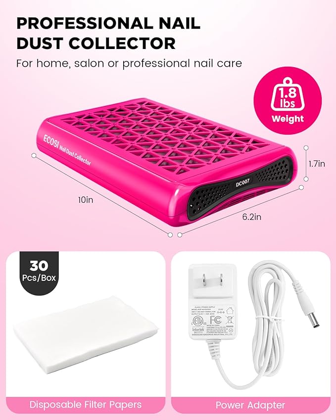 ECOSI Nail Dust Collector, Dual Turbo & 1600PA Professional Vacuum Fan Dust Extractor with 30 Pcs Filter Papers, 8000RPM 10-Level Adjustable Suction for Manicure, Salon Nail Tech & Home
