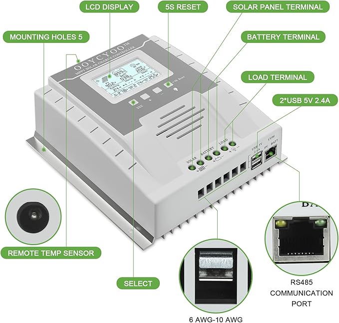 OOYCYOO MPPT Charge Controller 40 amp 12V/24V Auto, 40A Solar Panel Charge Regulator with Blacklight LCD Display Max 100V for Lead-Acid Sealed Gel AGM Flooded Lithium Battery