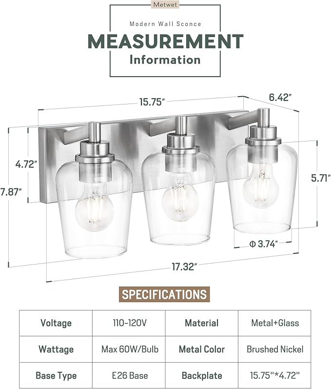 METWET Bathroom Light Fixtures, 3-Light Modern Vanity Light with Clear Glass Wine Glass-Shaped Shade, Vanity Lighting Fixtures Over Mirror, Brushed Nickel, VL155-BN-3