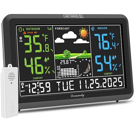 DreamSky Weather Station Indoor Outdoor Thermometer Wireless with Digital Atomic Clock for Home, Large Display with Dimmer, USB Port, Inside Outside Temperature Humidity Monitor (Adapter Powered)