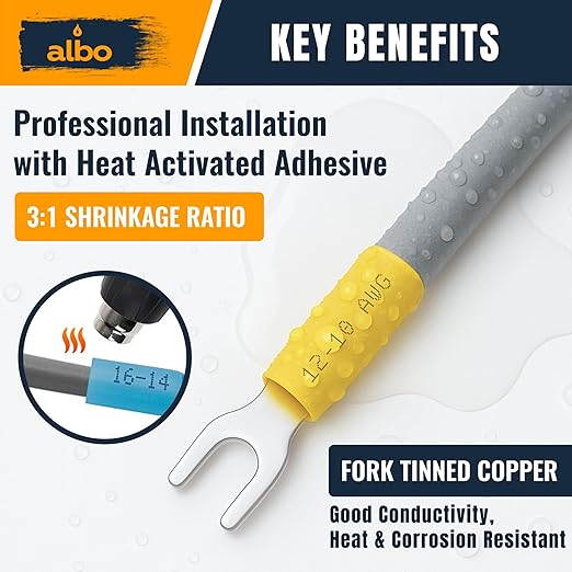 150PCS Yellow Heat Shrink Fork Spade Connectors #10 – 12-10 AWG Tinned Copper Terminals, Waterproof Wire Crimp Kit for Automotive, Marine, Speaker & Electrical Wiring