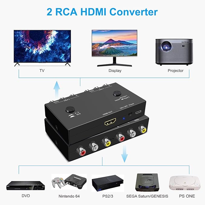 Azduou 2 AV to HDMI, 1080P/720P TV 2 Way RCA Composite CVBS AV Switch to HDMI Video Audio Converter Adapter Support 4:3/16:9 Switching, for Sega Xbox PS2 PS3 N64 NGC SNES WII VHS VCR Camera DVD