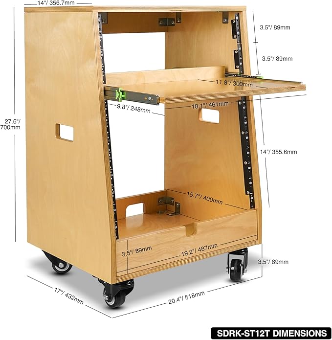 Sound Town DIY Slanted 12U Studio Rack (4U Top + 8U Lower), with 2U Bottom Storage, Slide-Out Tray, Caster, Plywood, Golden Oak for Recording Room, Home Studio (SDRK-ST12T)