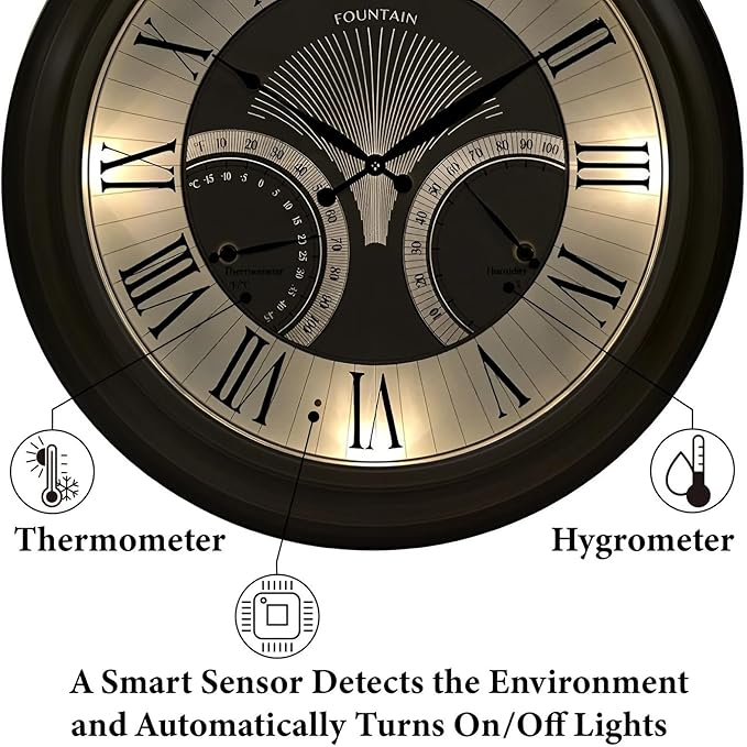 FOUNTAIN DESIGNS 24 Inch in/Outdoor Wall Clock with Temperature and Humidity Combo, Large Outdoor Clock for Patio Large Waterproof with Thermometer,Antique Hamilton Gold Metal