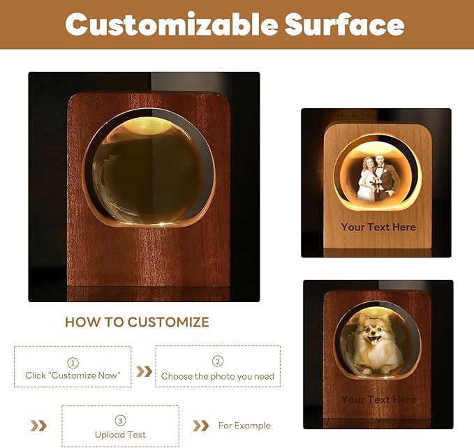 GigaGlow Personalized 3D Crystal Photo Night Light - Custom Engraved Glass Ball with LED Wood Base | Perfect Custom Gift for Family, Pets, Birthday, Valentine's Day