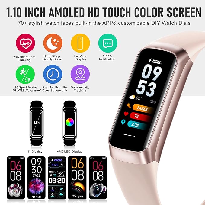 Fitness Tracker with 24/7 Heart Rate Blood Oxygen Sleep Monitor, 1.1" AMOLED Touch Screen Activity Tracker Smart Watches, IP68 Waterproof Step Counter Pedometer for Women Men