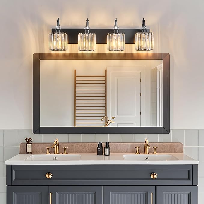 BBLLWJ Modern Bathroom Vanity Light 4-Light Black Crystal Light Fixtures Over Mirror for Bathroom Wall Sconce