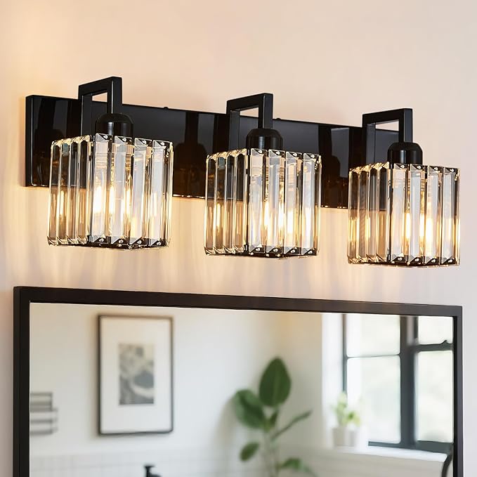 FDPBY Modern Bathroom Vanity Light 3-Lights Plating Black Vanity Light Crystal Wall Light Bathroom Light Fixtures