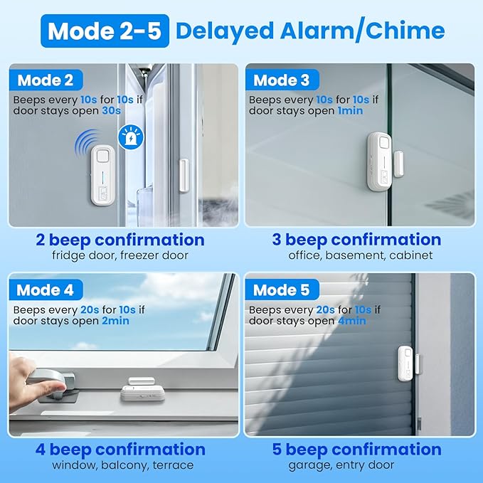 Sanjie Door Alarm with Instant and Delayed Alerts 30s/1min/2min/4min, Door Window Ajar Alarms for Kids Safety/Home Security, Volume 0-120dB, Left Open Alert for Freezer Fridge Home, 1 Sensor