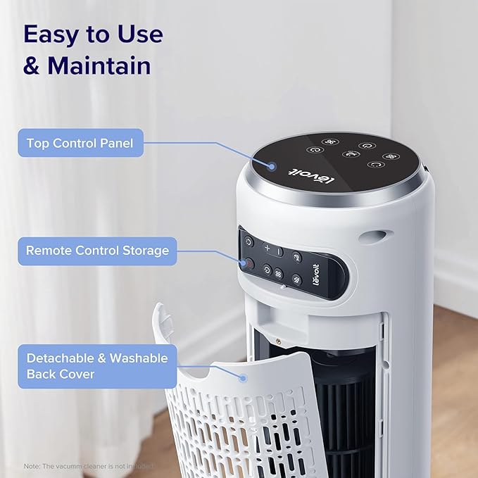 LEVOIT Tower Fan for Bedroom, 25ft/s Velocity Standing Fan with 28dB Quiet for Sleep, Remoter, 12H Timer, 5 Speeds, 4 Modes, 90° Oscillation for Home, Office, Indoor, Bladeless 36 inch, White