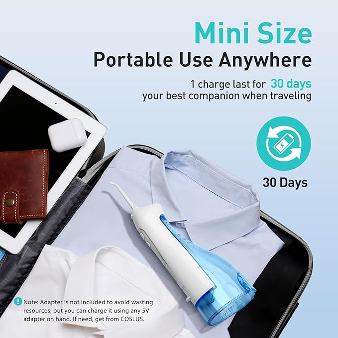 COSLUS Water Dental Flosser Teeth Pick: Portable Cordless Oral Irrigator 300ML Rechargeable Travel Irrigation Cleaner IPX7 Waterproof Electric Flossing Machine for Teeth Cleaning C20(F5020E) White