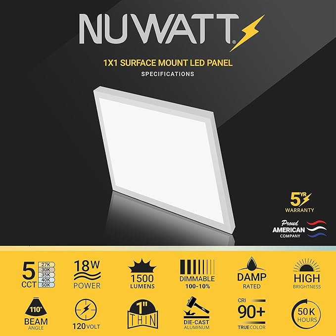 NUWATT 1x1 FT LED Square Surface Mount Panel, 5CCT 2700K/3000K/3500K/4000K/5000K Selectable, 1500LM 18W, Internal Driver, Dimmable Flat Panel, 120V, CRI90, 12" Inch Flush Mount Ceiling Light, 1" Thick