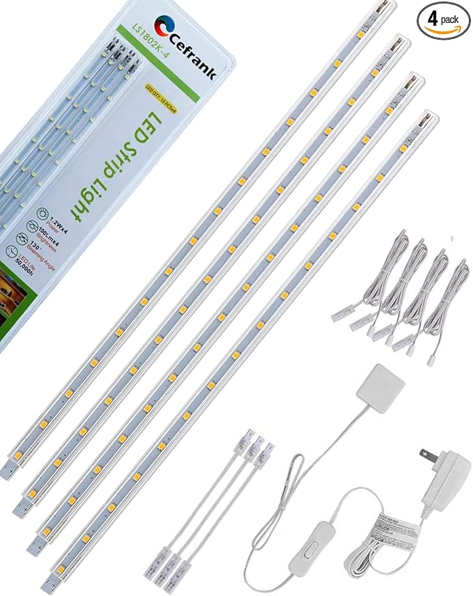 LED Display Light Bar Kit - (4) 16inches Plug-in Linkable Strip Lights for Large Display Cabinet - Series + Parallel Connection - White 6000K
