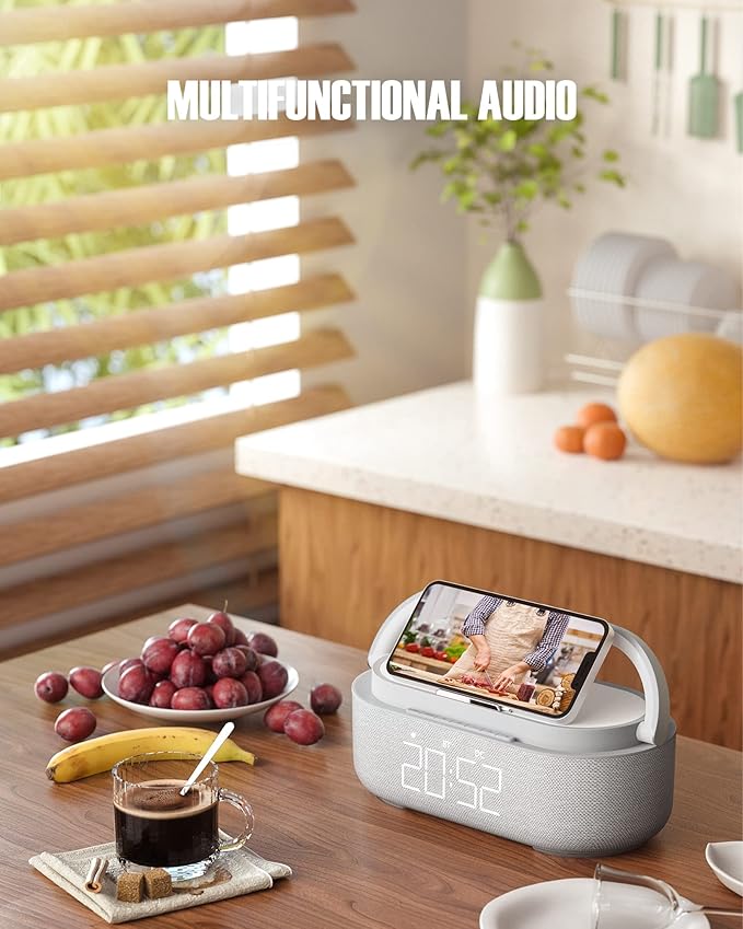 COLSUR Bluetooth Speaker Alarm Clock with Wireless Charger, FM Radio, Adjustable LED Night Light, 6 in 1 Bedroom Portable Speaker 2500mAh, Phone Stand for Bedside, Home, Office, Gift (Gray)