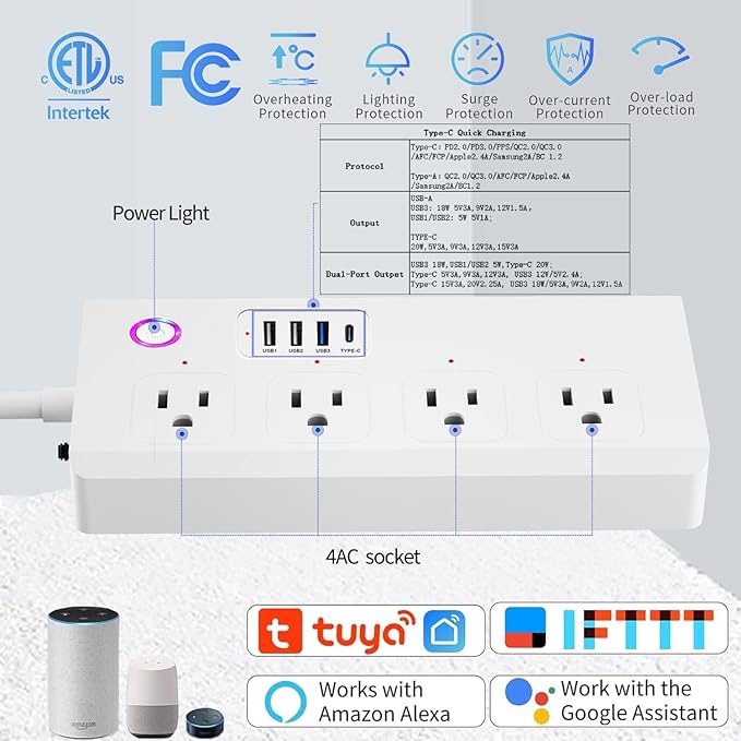 UseeLink WiFi Smart Power Strip,Surge Protector with 3 USB Ports 1 Type C (PD 20W) & 4 AC Outlets Compatible with Alexa, Google Assistant Voice Control, No Hub Required White