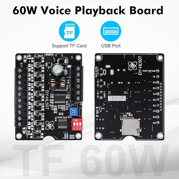 1 Pc 60W Voice Playback Module Support TF Card(32GB Max), PEMENOL DC 9-24V Sound Module Music Player Voice Broadcast Device Support Sound and Light Alarm for Home Alarm Voice Broadcast Module
