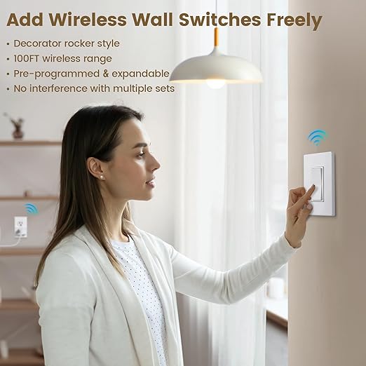 SURAIELEC Wireless Light Switch, Remote Control Outlet, Decorator Rocker Wall Switch, 15 AMP, 100ft RF Range, No Wiring No WiFi, Remote Outlet for Plug in Pendant Lamp, Christmas Holiday Decorations