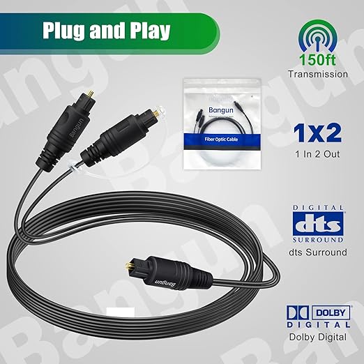 Bangun 1x2 Digital Audio Splitter Cable 15ft, Toslink Digital Fiber Optic Audio Splitter 1 Male Input 2 Male Output (for Home Theatre, Xbox, PS5/PS4)