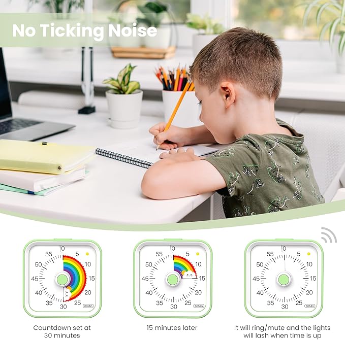 InfPokid Visual Timer for Kids with Pause Function, Cute Silent Timer with Rainbow for Classroom, Teaching, Task, Kitchen, 60 Minute Countdown Time Management for ADHD (Rainbow Green)
