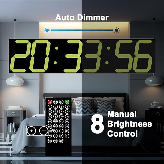 CHKOSDA Digital Wall Clock, Oversize Digital Clock with Auto Dimmer, Huge Countdown Timer with Remote Control, 27" Wide Led Display, 6 Digits, Wall Mount, Date and Temperature（Yellow）