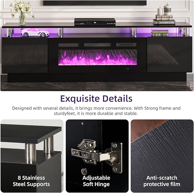 oneinmil 2 Tier TV Console Stand with 36" Electric Fireplace, LED Light Entertainment Center for TVs Up to 80" for The Living Room, 70", Black