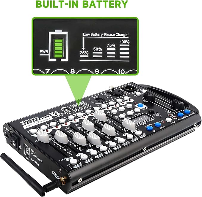 Battery DMX Controller Wireless with MIDI, DMX Board 512 Light Controller for Dj Lights, Dmx512 Lighting Console 192ch with Built-in Battery for Control Stage Light
