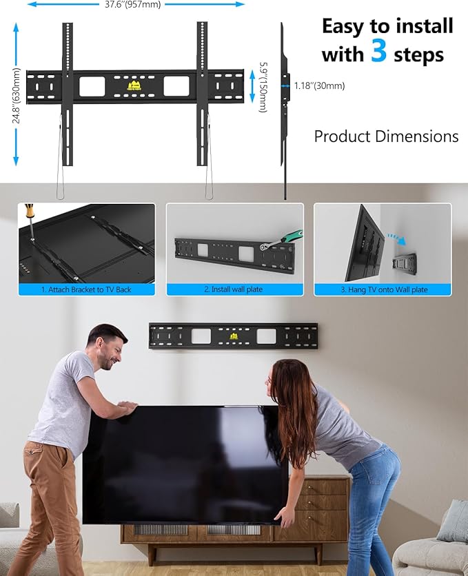 FORGING MOUNT Heavy Duty Fixed TV Wall Mount Holds up to 275Lbs for 55-120 inch TVs 3-Stud Low Profile TV Mount Ultra Slim Universal Bracket Fits 16"/18"/24" Studs MAX VESA 900x600mm- Easy DIY Install