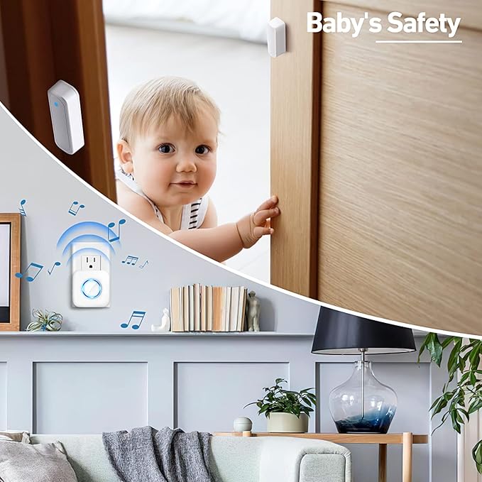 Door Chime, Satisure Wireless Door Open Contact Sensor Alarm Chime with 600 FT Range 58 Chimes 5 Volume Levels LED Indicators (1 Receivers & 2 Sensors)