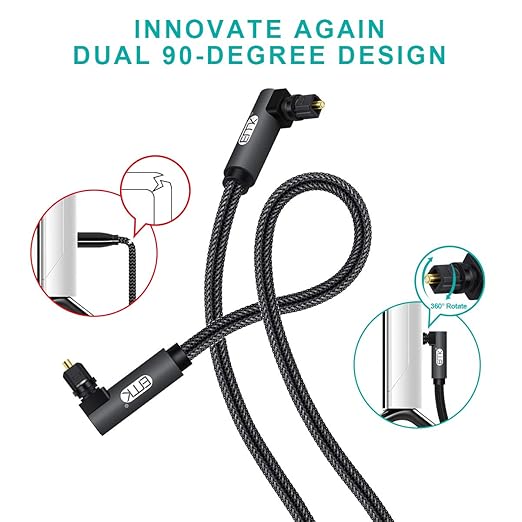 EMK 【Upgraded】 Double 90 Degree Optical Audio Cable Free-Rotating Toslink Plug Nylon Braided S/PDIF Digital Right Angle Optical Male to Male Cable for Home Theater,Sound Bar,TV(10ft/3m)